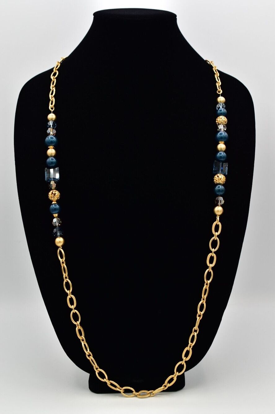 Brighton Chunky Station Necklace Brushed Gold Blue Crystal Contempo Belt BinBJ